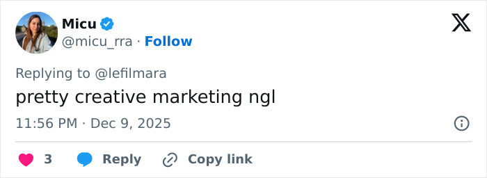 Tweet by user Micu replying about creative marketing, mentioning Robert Pattinson and Zendaya viral engagement ad discussion.