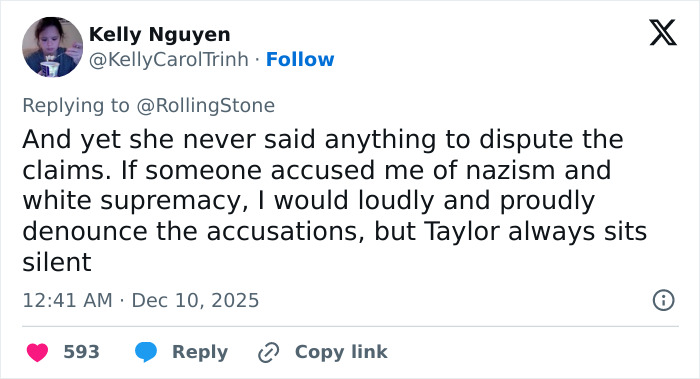 Screenshot of a social media post discussing accusations of coded white-nationalist messages involving Taylor Swift. Screenshot of a social media post discussing accusations of coded white-nationalist messages involving Taylor Swift.