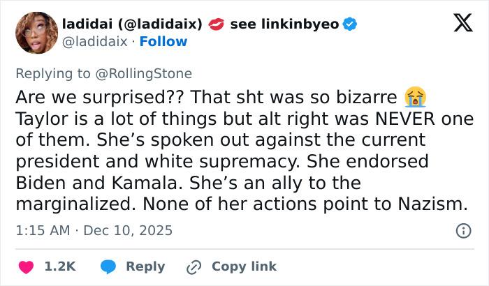 Tweet defending Taylor Swift against fake alt-right conspiracy claims, highlighting her opposition to white supremacy. Tweet defending Taylor Swift against fake alt-right conspiracy claims, highlighting her opposition to white supremacy.