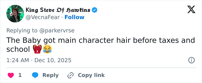 Tweet discussing viral theory about Millie Bobby Brown's newborn daughter’s hair before school and taxes with laughing emojis. Tweet discussing viral theory about Millie Bobby Brown's newborn daughter’s hair before school and taxes with laughing emojis.