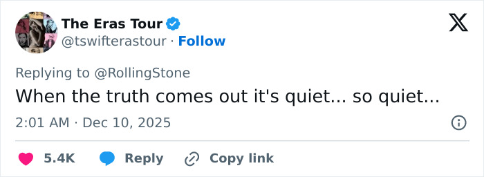 Tweet from The Eras Tour Twitter account replying to RollingStone with a message about Taylor Swift and false conspiracy claims. Tweet from The Eras Tour Twitter account replying to RollingStone with a message about Taylor Swift and false conspiracy claims.