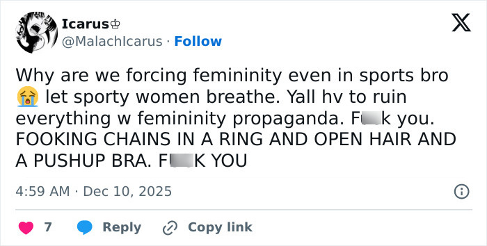 Social media post criticizing forced femininity in sports, reacting to a Sports Illustrated cover featuring Sydney Sweeney. Social media post criticizing forced femininity in sports, reacting to a Sports Illustrated cover featuring Sydney Sweeney.