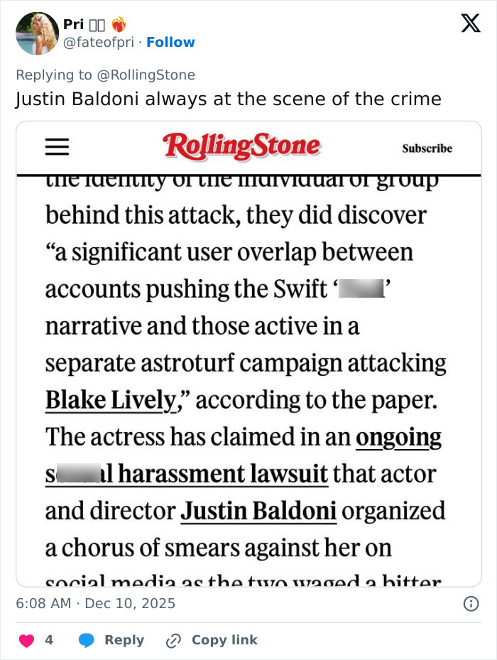 Screenshot of a social media post discussing Taylor Swift targeted by fake conspiracy and astroturf campaigns online.