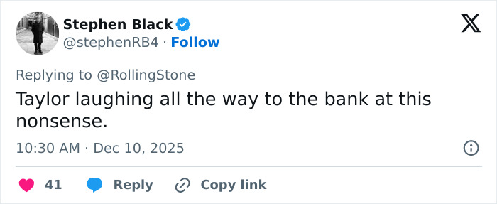 Twitter post by Stephen Black dismissing fake conspiracy claims about Taylor Swift using coded white-nationalist messages.