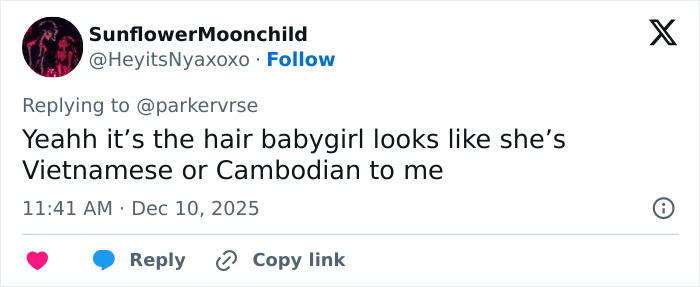 Tweet from SunflowerMoonchild discussing viral theory about Millie Bobby Brown's newborn daughter’s appearance and heritage speculation. Tweet from SunflowerMoonchild discussing viral theory about Millie Bobby Brown's newborn daughter’s appearance and heritage speculation.