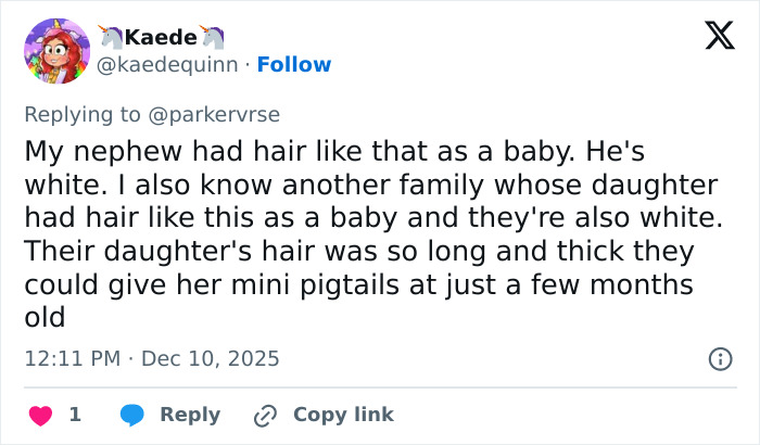 Tweet discussing baby hair similarities while referencing viral theory about Millie Bobby Brown's newborn daughter after new pics. Tweet discussing baby hair similarities while referencing viral theory about Millie Bobby Brown's newborn daughter after new pics.