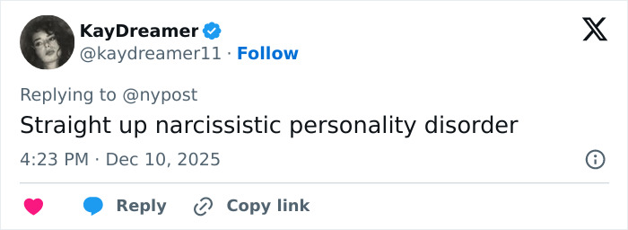 Tweet by user KayDreamer calling boyfriend who abandoned woman on Austrian mountain narcissistic, dated Dec 10, 2025.