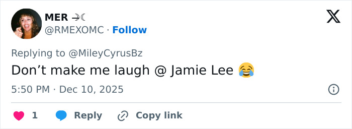 Twitter user MER responding to Miley Cyrus with a laughing emoji, discussing claims about her birth mother. Twitter user MER responding to Miley Cyrus with a laughing emoji, discussing claims about her birth mother.