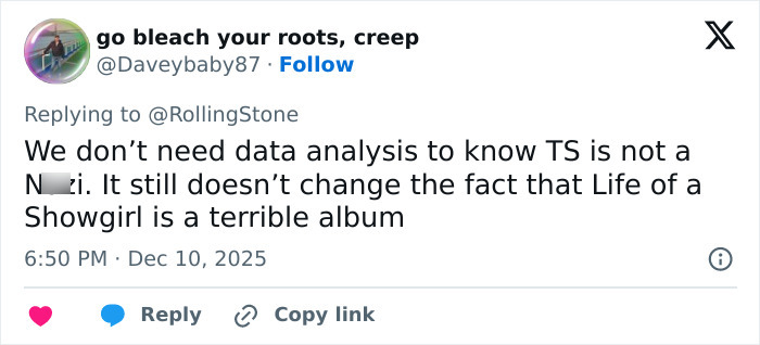 Tweet disputing conspiracy claims about Taylor Swift using coded white-nationalist messages, mentioning her album Life of a Showgirl. Tweet disputing conspiracy claims about Taylor Swift using coded white-nationalist messages, mentioning her album Life of a Showgirl.