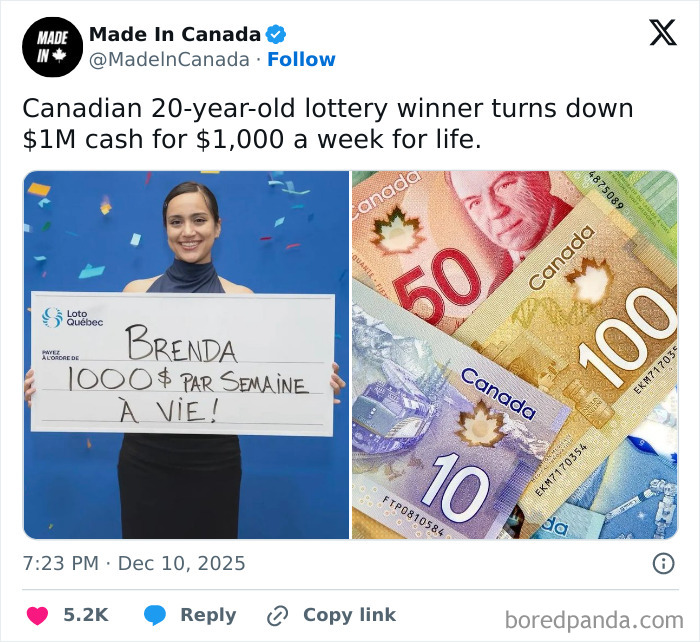 Young Canadian lottery winner chooses $1,000 weekly for life instead of $1 million lump sum, an interesting money decision.