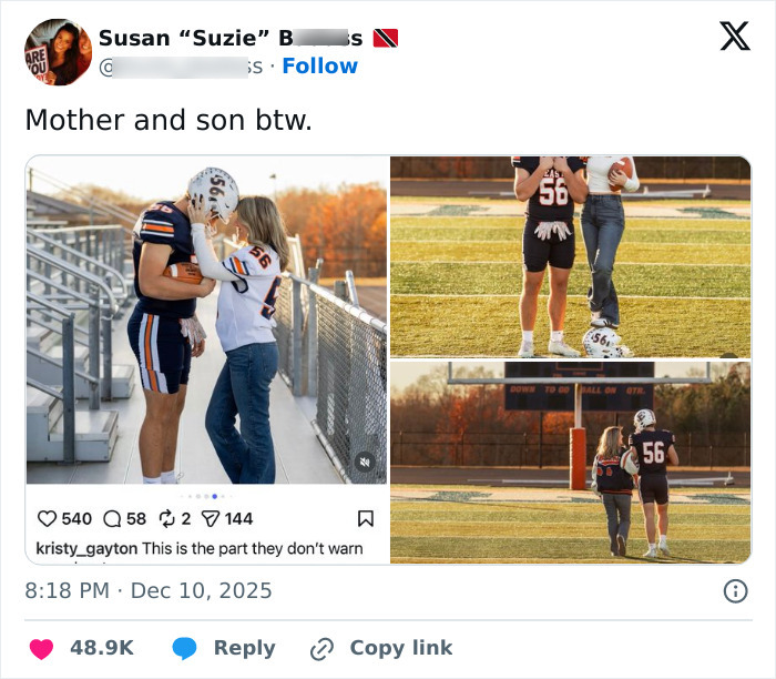 Mother and son photoshoot on football field sparks heated parenting debate on dating own son. Mother and son photoshoot on football field sparks heated parenting debate on dating own son.