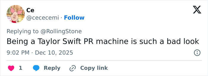 Tweet criticizing Taylor Swift PR, mentioning fake conspiracy about coded white-nationalist messages targeting her online. Tweet criticizing Taylor Swift PR, mentioning fake conspiracy about coded white-nationalist messages targeting her online.
