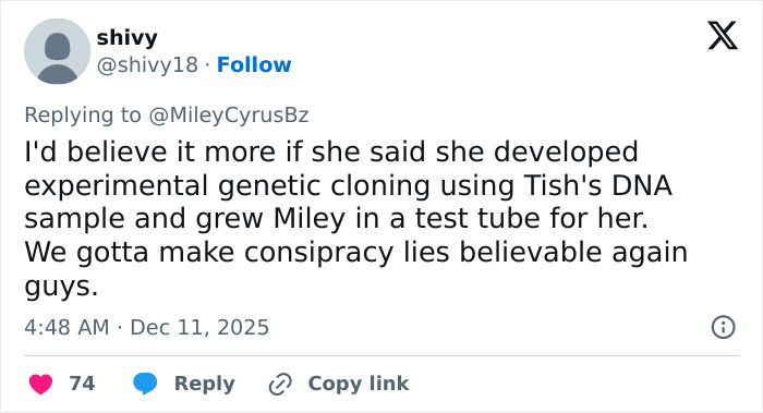 Tweet discussing a woman claiming to be Miley Cyrus&rsquo; true birth mother and questioning the story's believability.
