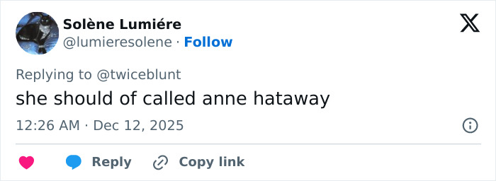 Tweet screenshot from user Solène Lumière replying to @twiceblunt, mentioning plastic surgery rumors linked to Emily Blunt's podcast appearance.