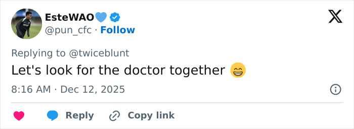 Tweet reply mentioning doctor, related to Emily Blunt's podcast appearance sparking plastic surgery rumors online.