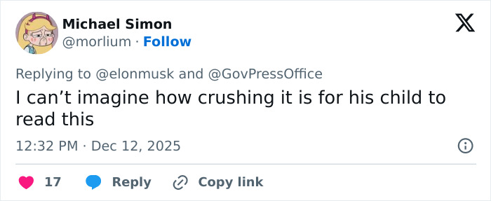 Screenshot of a Twitter reply expressing empathy about Elon Musk’s tragic mental illness comment involving his daughter Vivian. Screenshot of a Twitter reply expressing empathy about Elon Musk’s tragic mental illness comment involving his daughter Vivian.