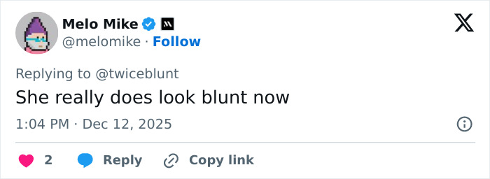 Tweet by Melo Mike commenting on Emily Blunt's appearance sparking plastic surgery rumors on social media. Tweet by Melo Mike commenting on Emily Blunt's appearance sparking plastic surgery rumors on social media.