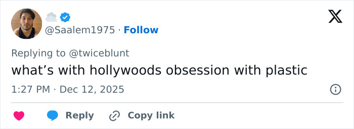 Screenshot of a tweet discussing Hollywood’s obsession with plastic surgery, related to Emily Blunt’s podcast appearance.