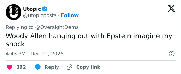 Tweet text discussing Woody Allen with Epstein, related to disturbing Epstein desk photo and estate images backlash.