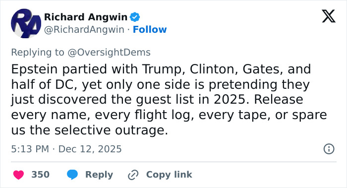 Tweet criticizing selective outrage over Epstein guest list amid new estate photos, sparking backlash on social media.