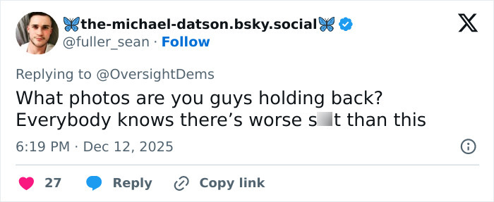 Tweet discussing backlash and controversy over disturbing Epstein desk photo amid new estate images released by Congress.