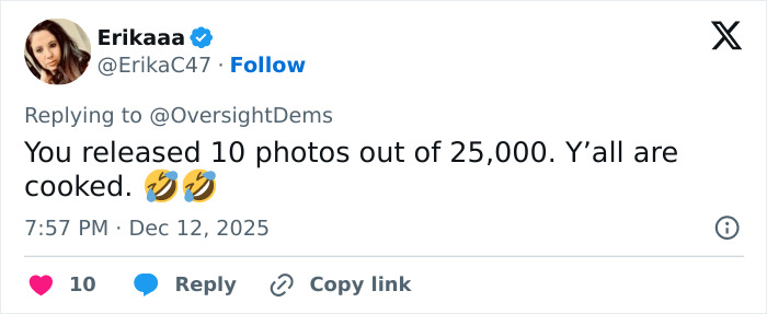 Tweet criticizing release of limited Epstein estate images, sparking backlash over disturbing Epstein desk photo by Congress.
