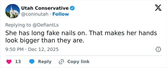 Tweet discussing Cynthia Erivo's oddly large hands, mentioning long fake nails making her hands appear bigger. Tweet discussing Cynthia Erivo's oddly large hands, mentioning long fake nails making her hands appear bigger.