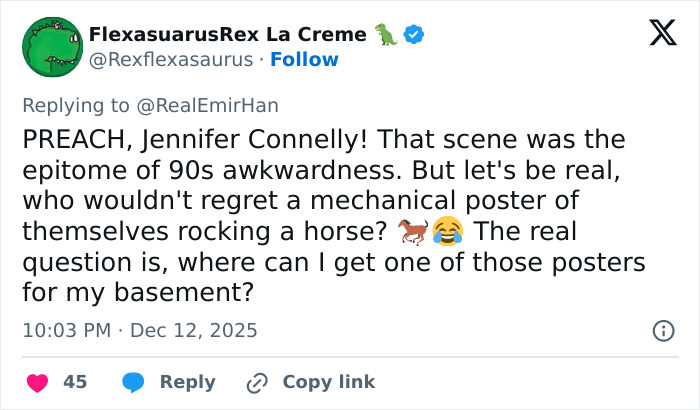 Tweet discussing Jennifer Connelly’s regret about an iconic 90s movie scene involving a mechanical horse. Tweet discussing Jennifer Connelly’s regret about an iconic 90s movie scene involving a mechanical horse.