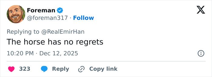 Screenshot of a tweet reading the horse has no regrets, referencing Jennifer Connelly and iconic movie scene regrets. Screenshot of a tweet reading the horse has no regrets, referencing Jennifer Connelly and iconic movie scene regrets.