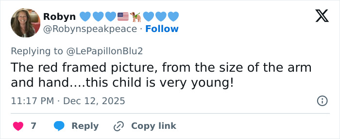 User tweet expressing concern about a red framed photo of a very young child amid disturbing Epstein desk photo backlash.