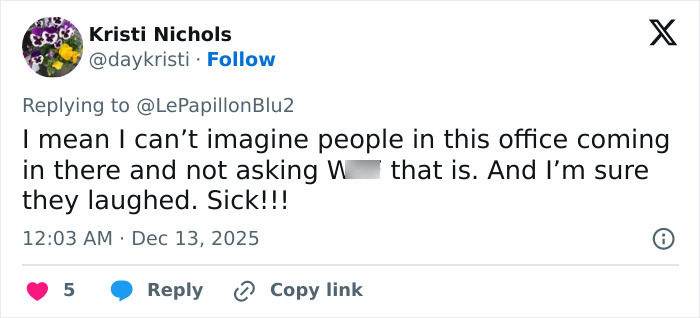 Tweet reacting to disturbing Epstein desk photo sparking backlash after new estate images released by Congress.