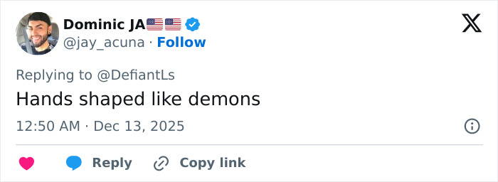 Tweet by Dominic JA replying Hands shaped like demons, referencing Cynthia Erivo's oddly large hands sparking debate. Tweet by Dominic JA replying Hands shaped like demons, referencing Cynthia Erivo's oddly large hands sparking debate.