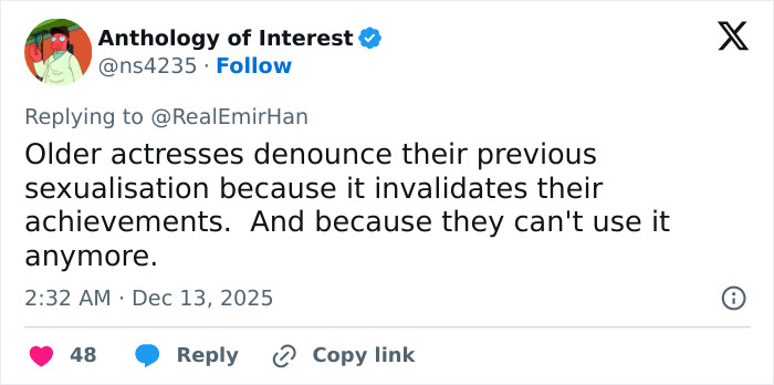 Tweet from Anthology of Interest discussing older actresses denouncing past sexualisation and its impact on their achievements and careers. Tweet from Anthology of Interest discussing older actresses denouncing past sexualisation and its impact on their achievements and careers.