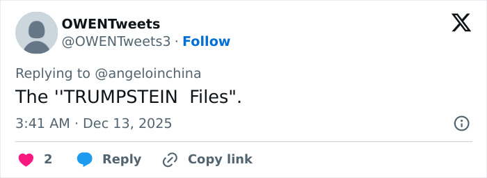 Tweet from OWENTtweets mentioning the Trumpstein Files in response to a user, with timestamp and engagement icons.