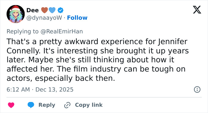 Tweet discussing Jennifer Connelly reflecting on iconic movie scene regrets and the challenges in the film industry. Tweet discussing Jennifer Connelly reflecting on iconic movie scene regrets and the challenges in the film industry.
