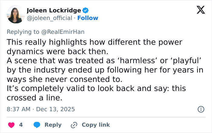 Tweet by Joleen Lockridge discussing power dynamics and regret over an iconic movie scene in relation to Jennifer Connelly’s career debate. Tweet by Joleen Lockridge discussing power dynamics and regret over an iconic movie scene in relation to Jennifer Connelly’s career debate.