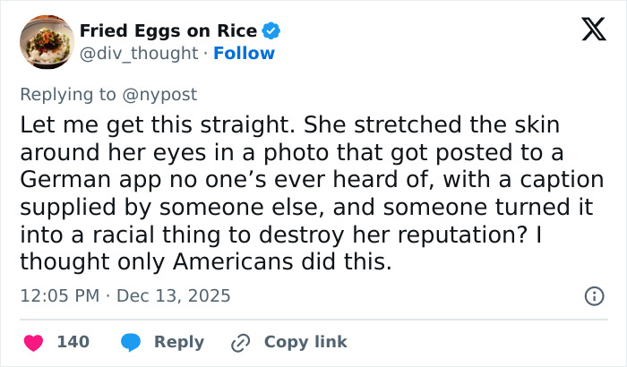 Tweet discussing backlash after Miss Finland loses crown over racist gesture controversy on social media. Tweet discussing backlash after Miss Finland loses crown over racist gesture controversy on social media.