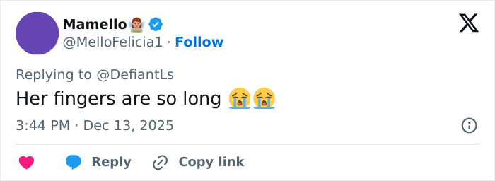 Tweet comment about Cynthia Erivo's oddly large hands with crying emojis, sparking debate online. Tweet comment about Cynthia Erivo's oddly large hands with crying emojis, sparking debate online.