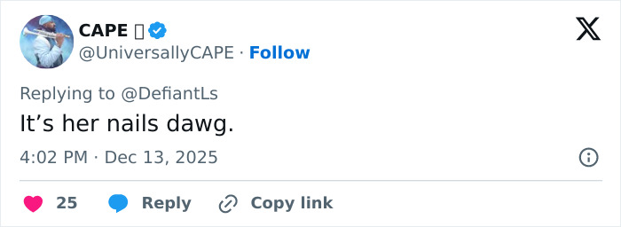Tweet from CAPE replying to DefiantLs with the text It’s her nails dawg sparking debate about Cynthia Erivo's oddly large hands. Tweet from CAPE replying to DefiantLs with the text It’s her nails dawg sparking debate about Cynthia Erivo's oddly large hands.