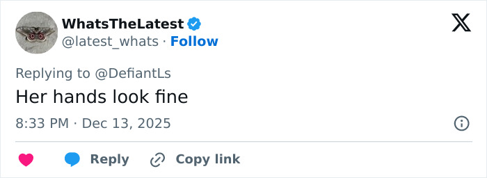 Screenshot of a Twitter reply stating her hands look fine, sparking debate about Cynthia Erivo's oddly large hands. Screenshot of a Twitter reply stating her hands look fine, sparking debate about Cynthia Erivo's oddly large hands.