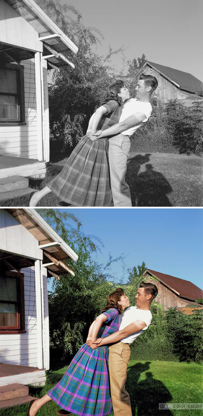 Couple embracing outdoors by a house shown in black and white and colorized versions of old photos.