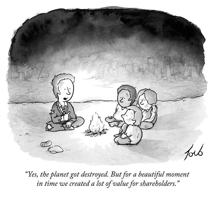 One-panel comic by New Yorker cartoonist Tom Toro showing people around a fire with ironic corporate dialogue.