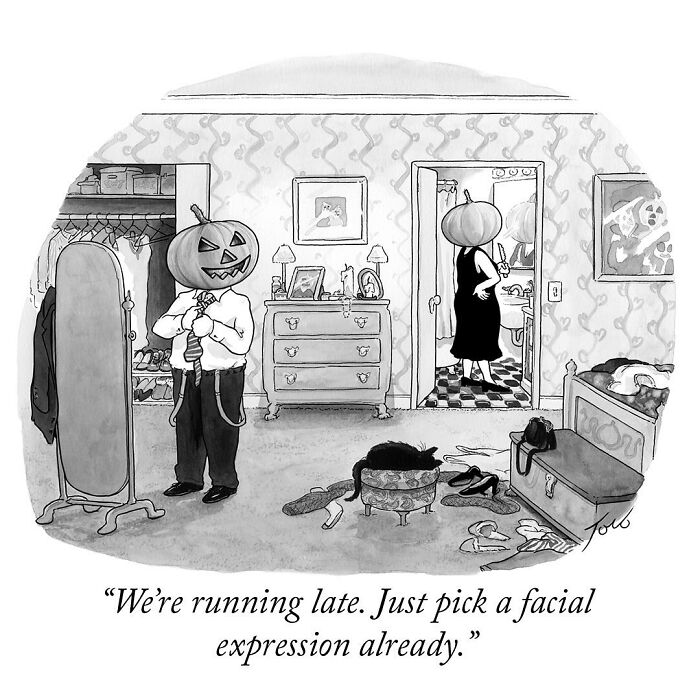One-panel comic by Tom Toro showing a man and woman with pumpkin heads in a humorous Halloween scene.