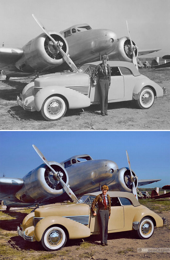 Vintage photo colorized by artist showing woman standing beside classic car and airplane, transforming how we perceive history.