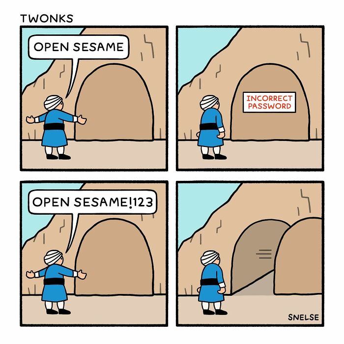 Comic illustration by artist showing a person trying password phrases to open a cave door, blending humor and comics.