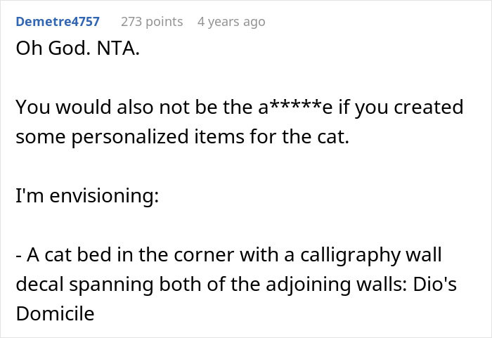 Screenshot of a Reddit comment discussing a sister demanding family rehomes or renames 11YO cat due to name conflict. Screenshot of a Reddit comment discussing a sister demanding family rehomes or renames 11YO cat due to name conflict.