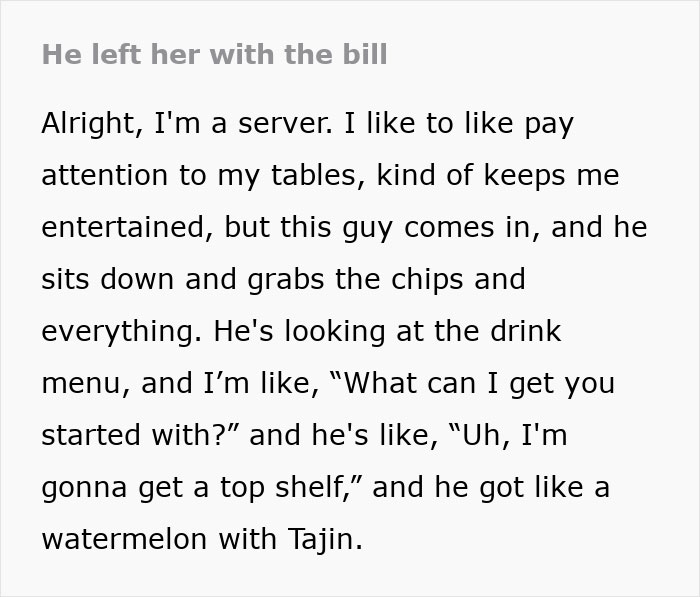 Server describes a first date disaster while serving a table and taking drink orders with a watermelon cocktail request.