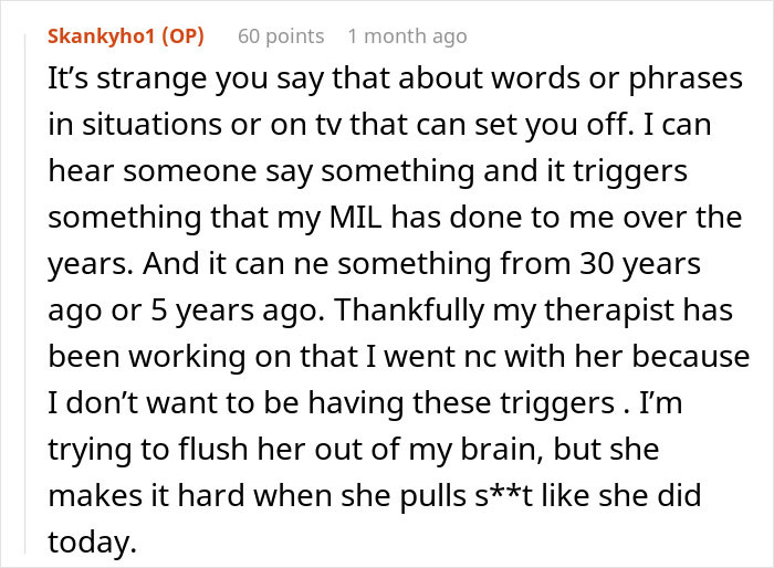 Comment discussing triggers caused by a mother-in-law and coping with years of emotional challenges in a marriage.