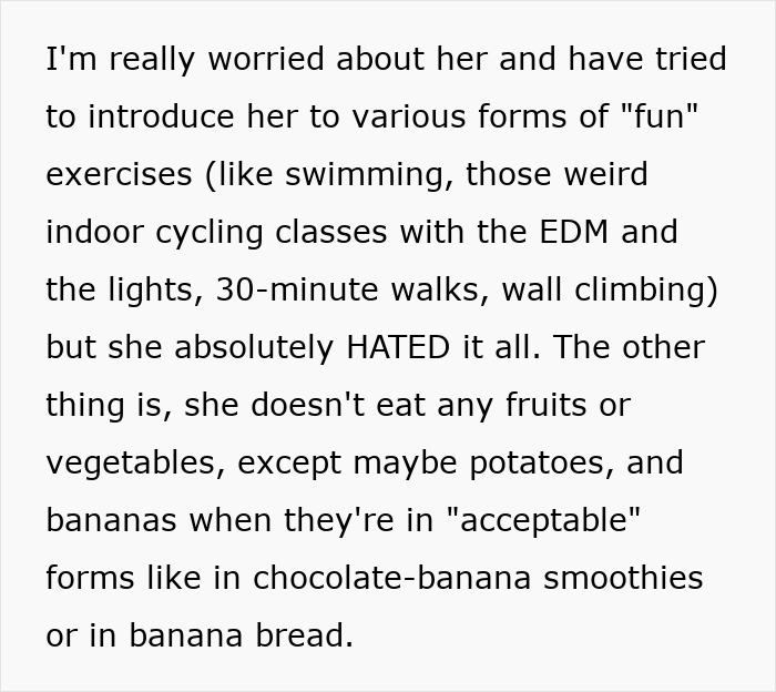 Text showing concern about a teen’s health, exercise struggles, and refusal to eat most fruits and vegetables. Text showing concern about a teen’s health, exercise struggles, and refusal to eat most fruits and vegetables.