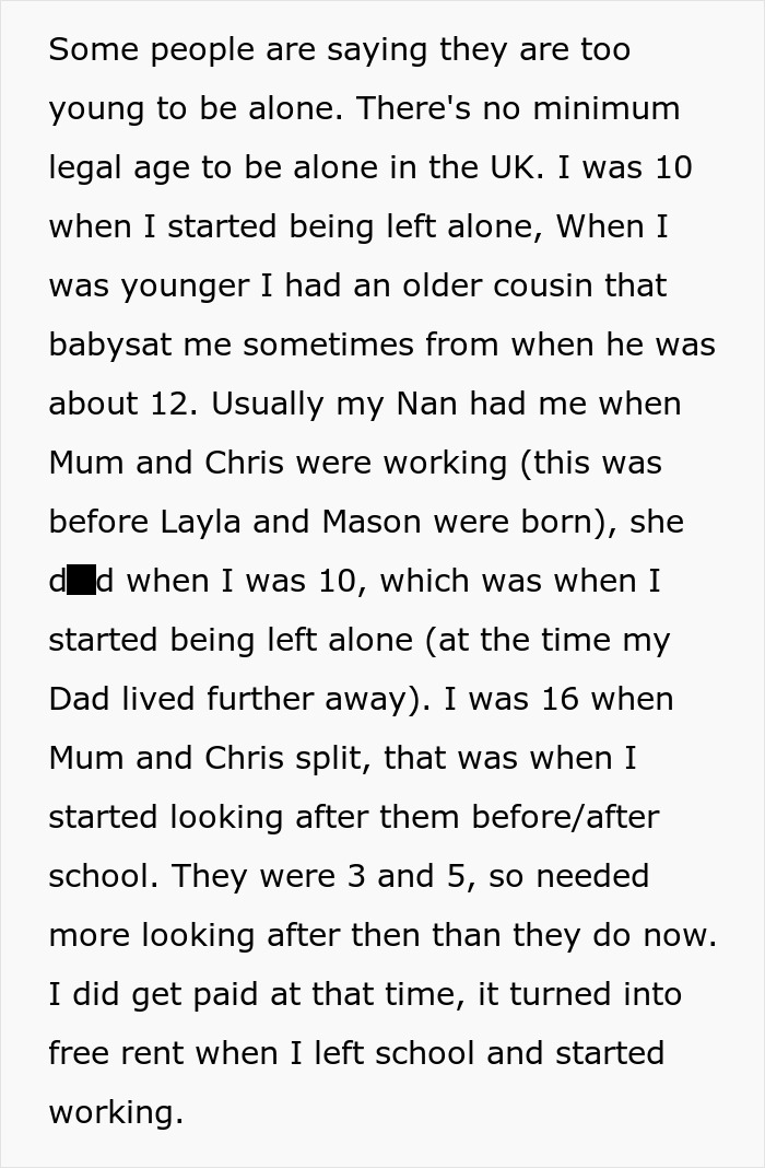 Text passage describing experiences of being left alone and babysat as a child, highlighting family childcare challenges. Text passage describing experiences of being left alone and babysat as a child, highlighting family childcare challenges.